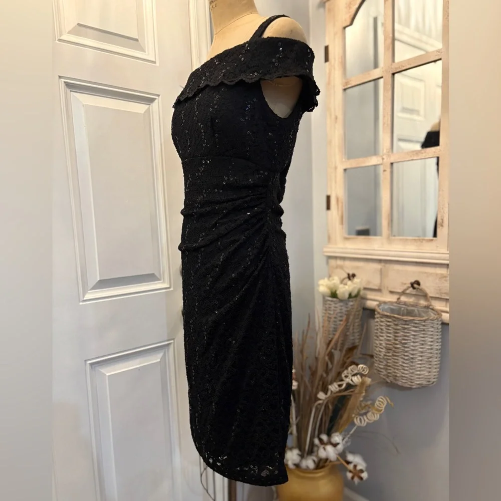 R&M Richards Black Strapless Lace Dress 12 Elegant Dark Romance Sparkly Stunning